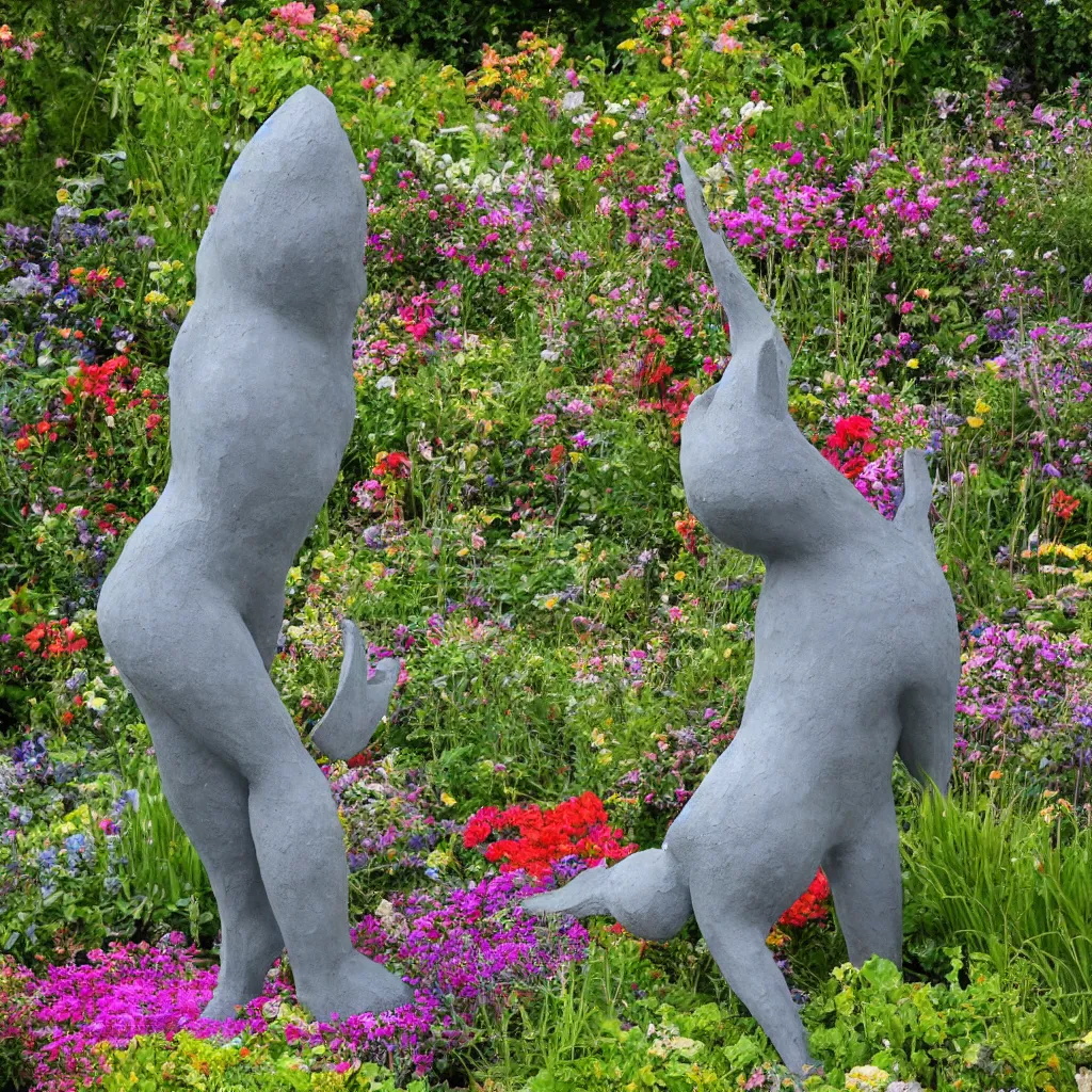 Prompt: folk art garden sculptures in an english cottage garden, cottagecore flower garden, master gardener, concrete sculpture of a kitsune, colorful mosaic, color blocking, sculpture by wouterina de raad!!!, art by james tellen, highly detailed, realistic anatomical proportions, textured hand built concrete sculpture, amazing concrete sculpture, 4 k