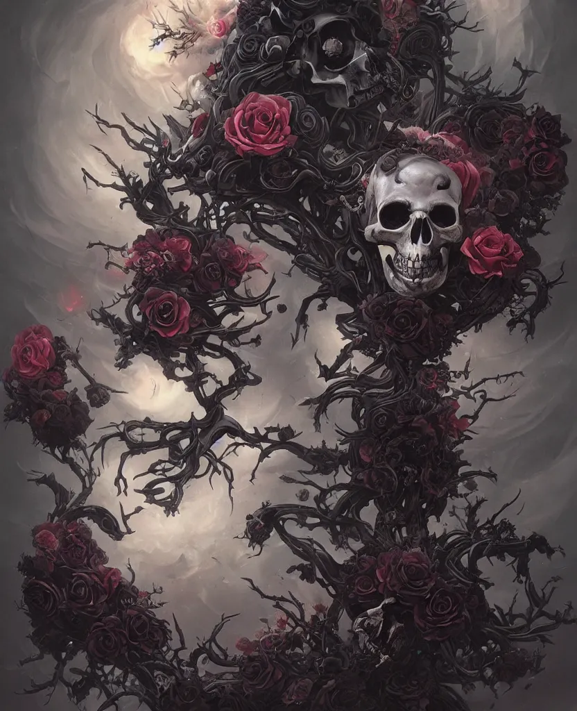 Image similar to a chaotic goddess of death skull black rose s day of the dead atmospheric, dramatic, concept art by Peter Mohrbacher hyperrealist, cinema4D, 8k highly detailed ❤️‍🔥 🔥 💀 🤖 🚀