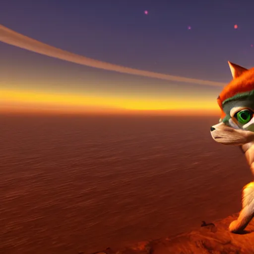 Image similar to high quality photo of star fox looking out at the ocean at sunset realism 8k award winning photo