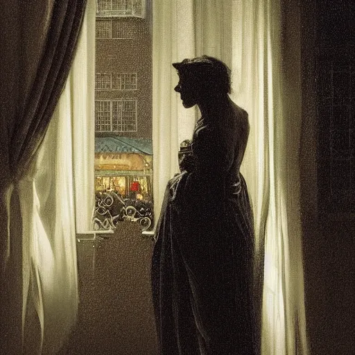 Image similar to silhouette of a woman gazing out her hotel window at the rain, extremely detailed masterpiece, oil on canvas, low-key neon lighting, in the world of Edward Hopped, artstation, by J. C. Leyendecker and Peter Paul Rubens,