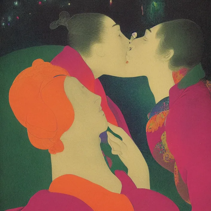 Prompt: close portrait of woman and man kissing. aurora borealis. iridescent, vivid psychedelic colors. painting by georges de la tour, agnes pelton, utamaro, monet