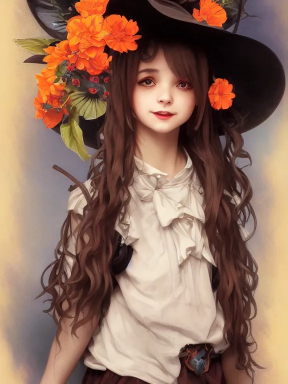 Image similar to Full shot of a cute mischievous young witch about to get up to some trouble. Latin American fashion. Floral patterns. Black and Orange palette. Latina girl. brown skin. defined facial features, symmetrical facial features. Smiling. By Ruan Jia and Artgerm and Range Murata and WLOP and Ross Tran and William-Adolphe Bouguereau. Key Art. Fantasy Illustration. award winning, Artstation, intricate details, realistic, Hyperdetailed, 8k resolution.