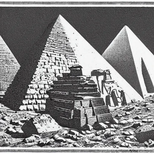 Image similar to aliens building the pyramids, old painting