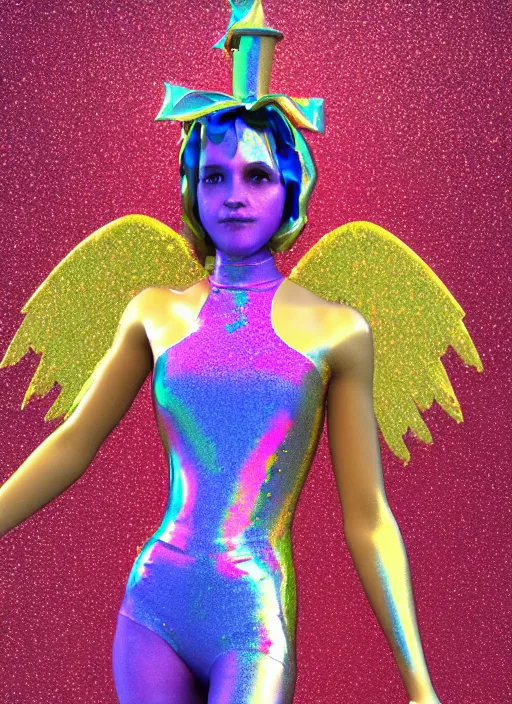 Image similar to 3 d render of a jester angel covered in glitter glue in a holographic leotard