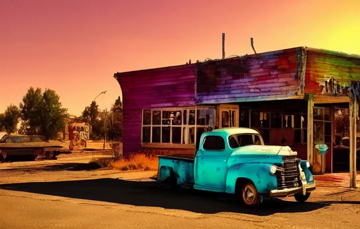 Image similar to a sunset light landscape with historical route 6 6, lots of sparkling details and sun ray ’ s, blinding backlight, smoke, volumetric lighting, colorful, octane, 3 5 mm, abandoned gas station, old rusty pickup - truck, beautiful epic colored reflections, very colorful heavenly, softlight