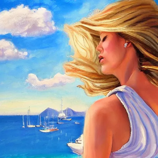 Prompt: slim cruel girl in wavy dress with white bob hair, elegant in italy, capri coast, sea, sunny day, summer, clouds on the sky, oil painting style,