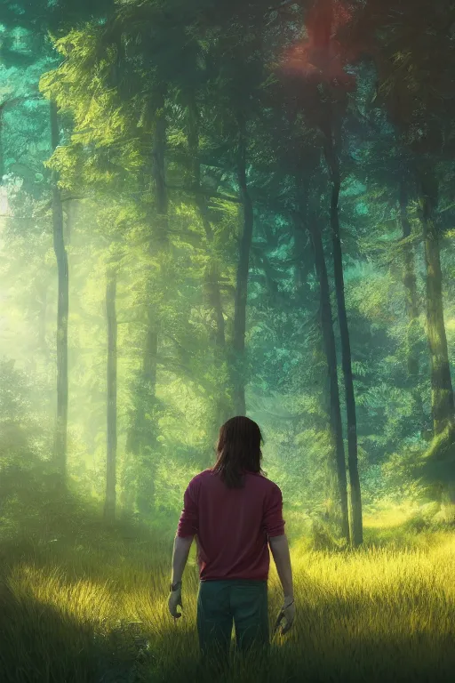 Image similar to young man with wavy back shoulder length hair, back view, trees, detailed forest background, webtoon, breathtaking scenery, colourful, 8 k, graphic novel, digital art trending on artstation, volumetric lighting, octane render, cinematic, hyper detailed