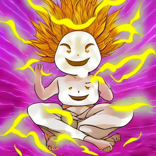 Image similar to fluffy popcorn hit by lightning, elemental spirit, in the style of a manga character, with a smiling face and flames for hair, sitting on a lotus flower, white background, simple, clean composition, symmetrical