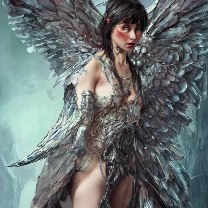 Prompt: Frightening fallen angel with cyberpunk wings, digital painting, 4k, HDR, concept art, detailed wings, smooth, sharp focus, illustration, art by Artgerm, H R Giger and Alphonse Mucha