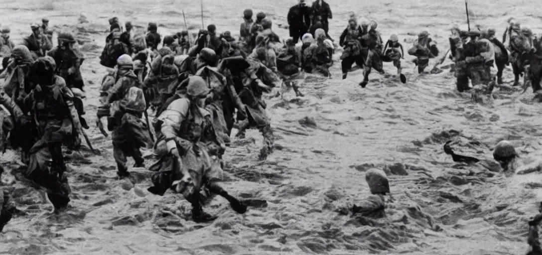 Image similar to the pope storming omaha beach during ww ii