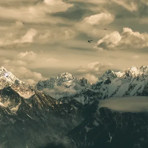 Prompt: Cinematic light, cinematic view of the alps, highly detailed, altitude mountain, cloudy, hyper realistic, dramatic, dark, realistic, dark