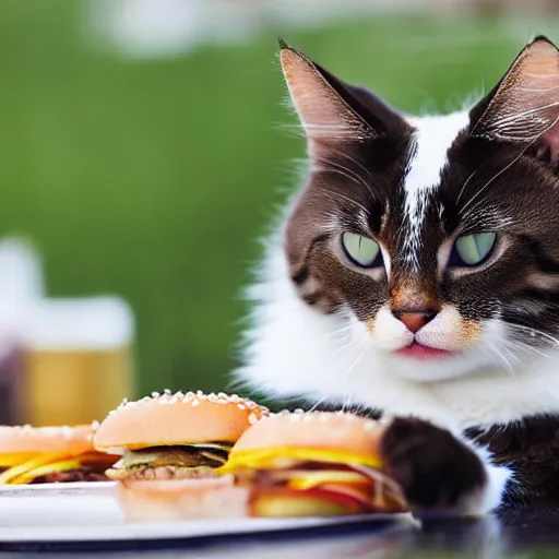 Image similar to realistic photo of a cute cat eating a burger