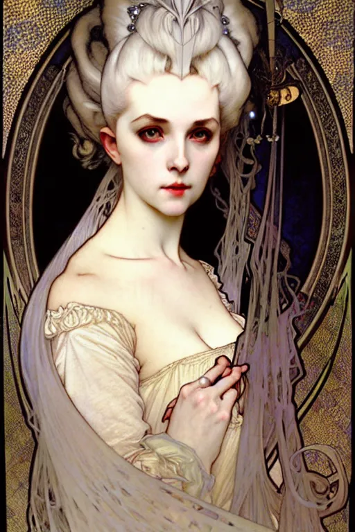 Prompt: realistic detailed face portrait of young Ghostly Gothic Vampire Queen Marie Antoinette by Alphonse Mucha, Ayami Kojima, Yoshitaka Amano, Charlie Bowater, Karol Bak, Greg Hildebrandt, Jean Delville, and Mark Brooks, Art Nouveau, Pre-Raphaelite, Neo-Gothic, gothic, Art Nouveau, intricate fine details, exquisite, rich deep moody colors