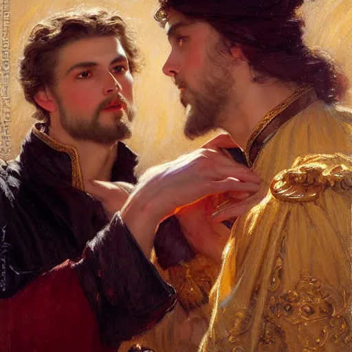 Image similar to attractive fully clothed king confesses his love for his attractive fully clothed male prince. highly detailed painting by gaston bussiere, craig muler, j. c. leyendecker 8 k