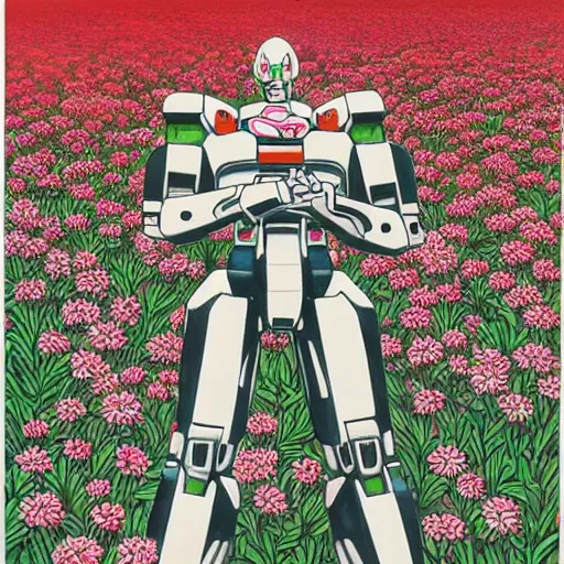 Prompt: a beautiful painting of a muscular humanoid mecha enemy stand in a field of flowers by hiroshi nagai and hirohiko araki, detailed line art