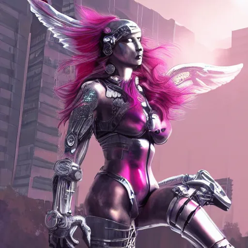Prompt: cyberpunk valkyrie woman with wings made of metal and pink and silver armor, flowing hair, cityscape, protesting signs, fighting, artstation, realistic, high detail digital painting, artstation,