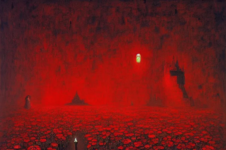 Image similar to only with red, red eyes, a red tiger, a castle in the background, medieval demons dance over the flowers, an ancient path, in the style of beksinski, part by hopper, part by rodcenko, part by hofbauer, intricate composition, red by caravaggio, insanely quality, highly detailed, masterpiece, red light, artstation