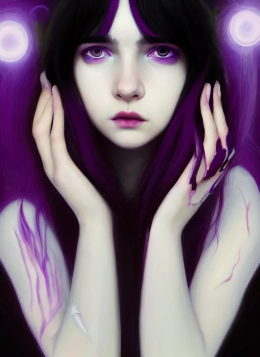 Image similar to portrait of teenage girl with white bangs, red irises, bangs, black and white hair, purple clothes, white bangs, two color hair, black hair and white bangs, intricate, elegant, glowing lights, highly detailed, digital painting, artstation, concept art, smooth, sharp focus, illustration, art by wlop, mars ravelo and greg rutkowski