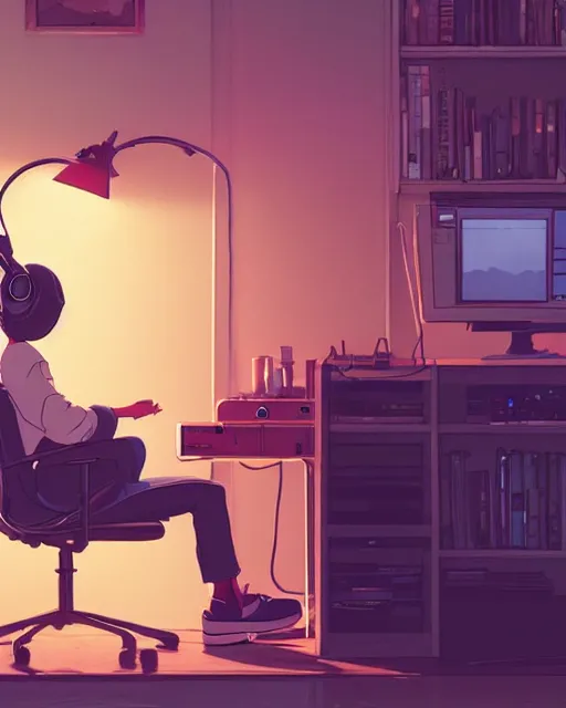 Image similar to man with headphones at his home studio producing music late at night, very detailed, 4 k, cory loftis, james gilleard, atey ghailan, makoto shinkai, goro fujita, studio ghibli, rim light, exquisite lighting, clear focus, very coherent