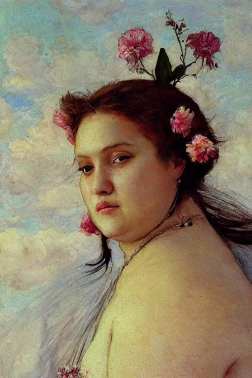 Image similar to close - up fashion fat woman portrait airy flowers cloudy sky art by vasnetsov