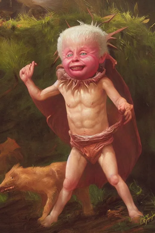 Prompt: a cute and mischievous kender , realistic oil painting by Thomas Cole and Wayne Barlowe