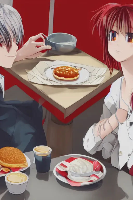 Image similar to a beautiful picture of two people have breakfast in kfc, empty, sky, anime, detailed, 8 k