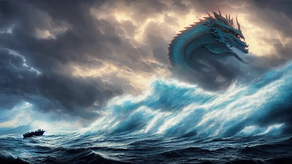 Prompt: small boat in the foreground. massive giant dragon coming out of a stormy sea, giant waves, lightning in background, intricate, detailed, volumetric lighting, sharp focus, scenery, photorealism, digital painting, highly detailed, concept art, ruan jia, steve mccurry