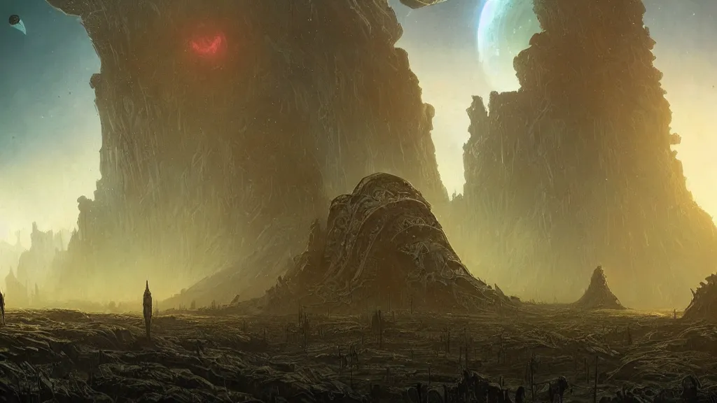 Image similar to eerie atmospheric alien planet with biomechanical plants and the ruins of civilization by les edwards and vincent di fate and anato finnstark, epic cinematic matte painting