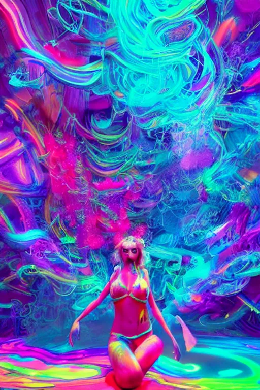 Prompt: a beautiful girl engulfed in colorful neon liquid clouds and neon smoke, a colorful psychedelic experience, psilocybin, dmt, lsd, face, highly detailed, artstation, concept art,, sharp focus, digital art by hana yata, and artem demura and beeple, lisa frank, octane render, unreal engine, 8 k