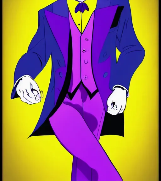 Image similar to joker wearing purple suit, yellow background, disney movie poster style, animation