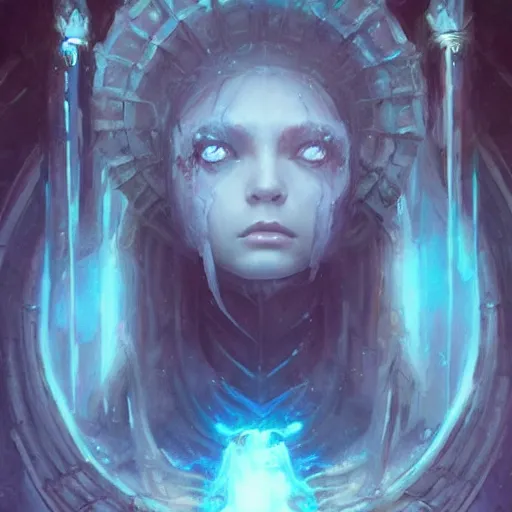 Prompt: a hyperrealistic acrylic painting of a beautiful alien priestess in the style of WLOP and Greg Rutkowski. Epic fantasy art.