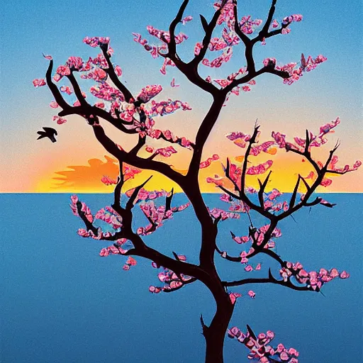 Image similar to birds on cherry tree, Changelingcore, serene, graceful, sunset photo at golden hour, Kodachrome, digital painting by M. C. Escher