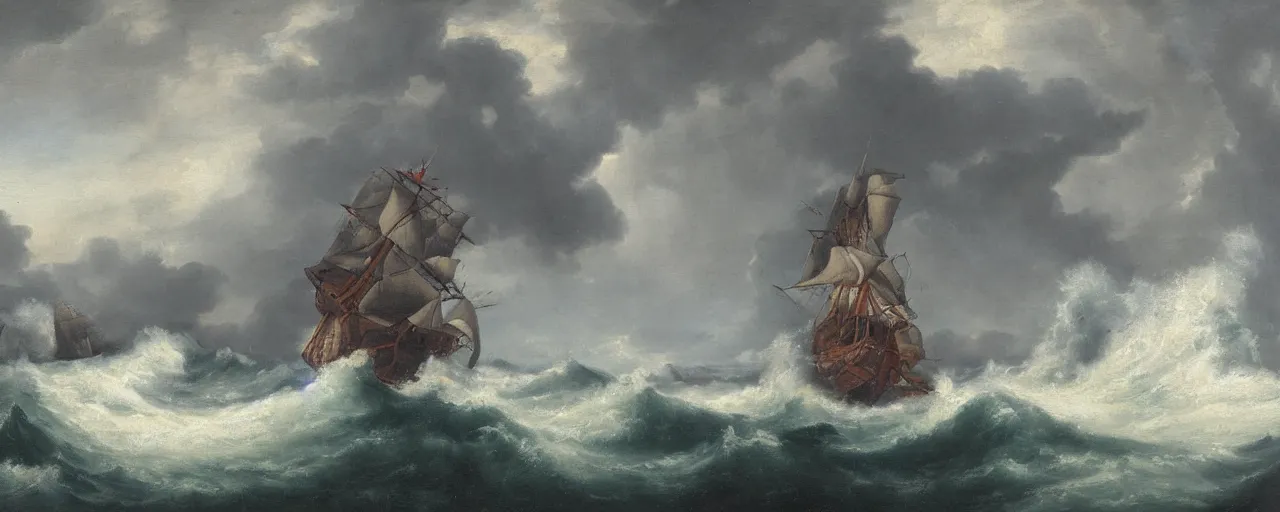 Image similar to a galleon in a stormy sea, lightning and craggy rocks, oil painting