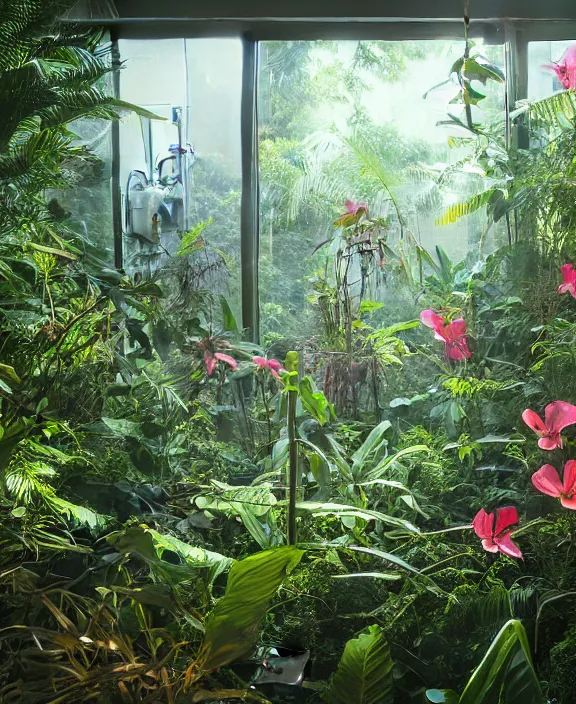 Prompt: intricate transparent clear see - through image of medical equipment, lush botany, overgrown jungle environment, flowers, ultra realistic, concept art, pop art, photorealistic, octane render, 8 k, unreal engine. art by nori inoguchi and sam kaplan and zachary goulko and christopher marley