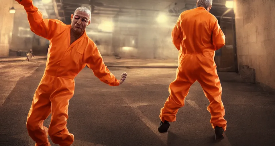Prompt: an image of a prisoner in an orange jumpsuit and wrinkly hands reaching forward, concept art, high detail, intimidating, cinematic, Artstation trending, octane render