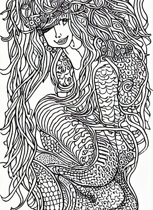 Prompt: an adult coloring page of mermaids, highly detailed