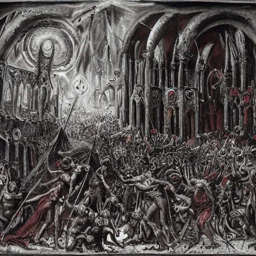 Prompt: a religious scene, chaos, night, rot, blood, epic art, dante's inferno, highly detailed, intricate background