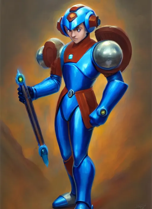 Image similar to Megaman as a fantasy D&D character, portrait art by Donato Giancola and James Gurney, digital art, RPG portrait, unreal 5, trending on artstation