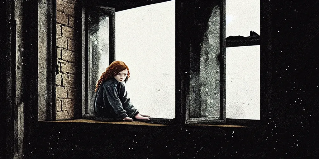 Image similar to at night, sadie sink in hoodie sits on windowsill, knees tucked in | rain falls, old brick wall with ussr propaganda posters : 3 5 mm film, anamorphic, single long shot from schindler's list by steven spielberg. cyberpunk, cinematic atmosphere, detailed and intricate, perfect anatomy