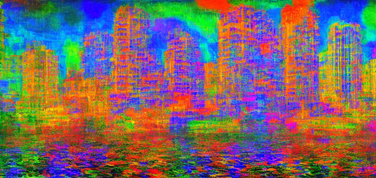 Image similar to a psychedelic city in the style of claude monet, digital art.