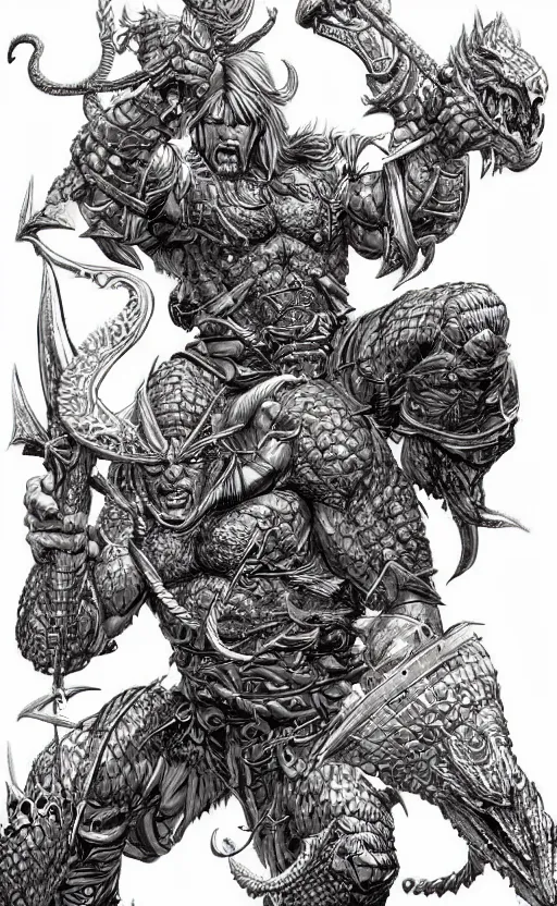 Image similar to fantasy dragonman barbarian, intricate, beautiful, highly detailed, elegant, artstation, concept art, smooth and sharp focus, illustration, by frank quietly, geoff darrow, jim lee