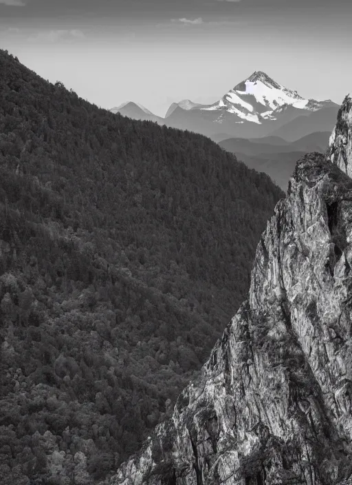 Prompt: old lost footage in black and white of a beautiful mountain,hyper realistic 8K HD real life photo