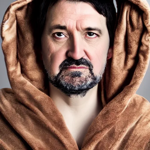 Image similar to richard iv the roman king, real human wearing cashmere dressing gown, soft studio lighting, sigma lens photo,