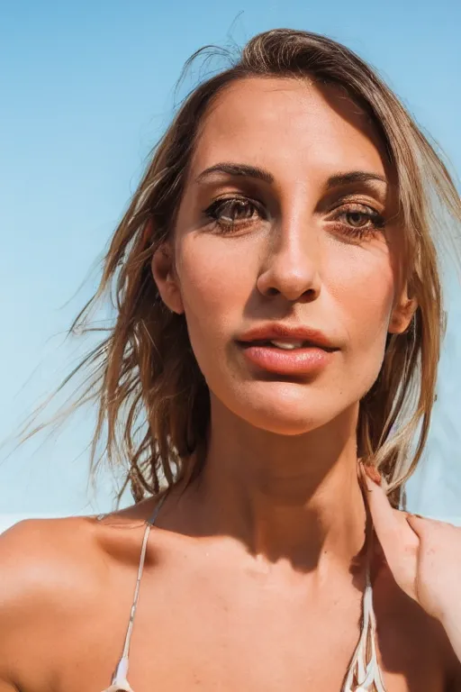 Prompt: olive skinned female model in her thirties, wearing sundress, no jewelry, focused on neck, photo realistic, extreme detail skin, natural beauty, joyful, no filter, slr, golden hour, 4 k, high definition, selfie