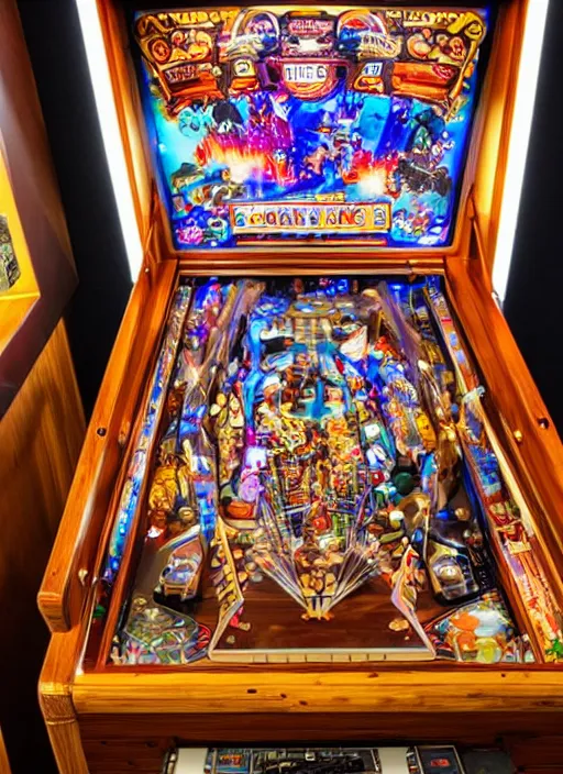 Prompt: a wide complex fancy wooden pinball machine that has fancy artwork inside with lights and pinball bumpers, x themed, front-view, dslr photo