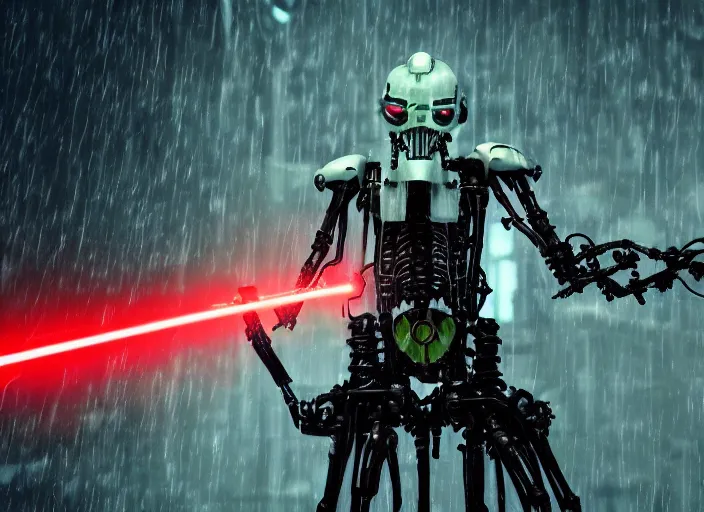 Image similar to portrait photo of general grievous with heavy duty biomechanical cybernetic body with 4 arms holding 4 activated red lightsabers in the rain. cyberpunk horror style.