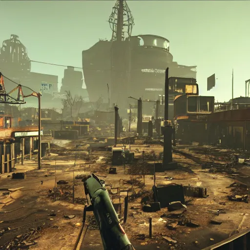 Prompt: Sydney in ruins post-nuclear war in Fallout 4, in game screenshot