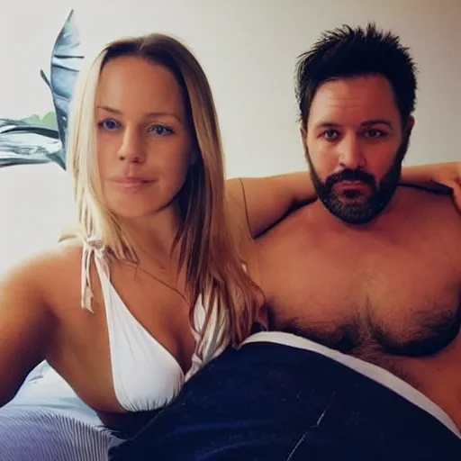 Image similar to photo of a 4 0 year old man that looks young for his age dating a very attractive 2 2 year old woman wearing a bikini. they in their apartment.