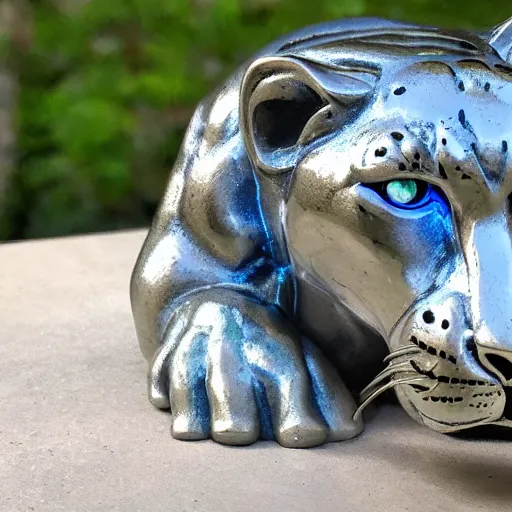 Image similar to silver jaguar sculpture with glowing blue eyes