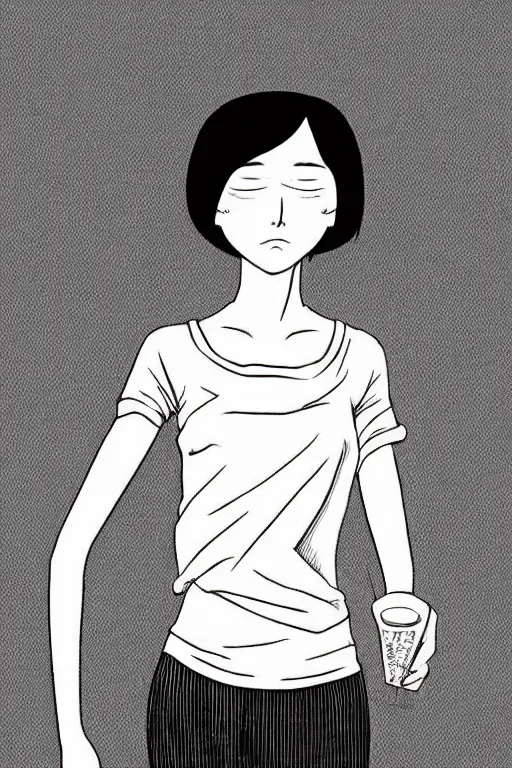 Image similar to portrait of a girl in long pants and a top, hands in pockets, eyes closed, bob haircut, digital art, black and white, lineart by junji ito and kaoru mori